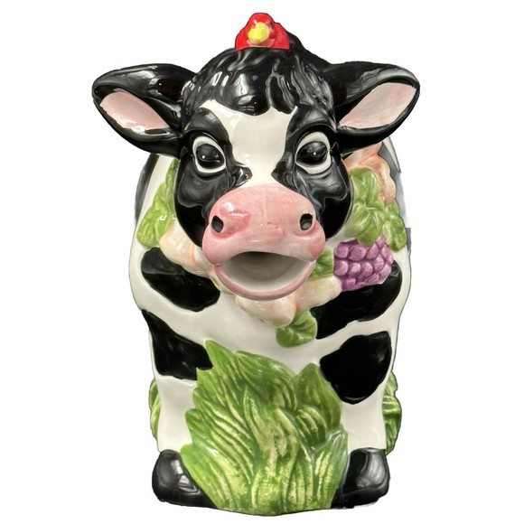 Wangs Vintage Black and White Cow Teapot with Red Bird on Lid Tail is Handle - Picture 2 of 8